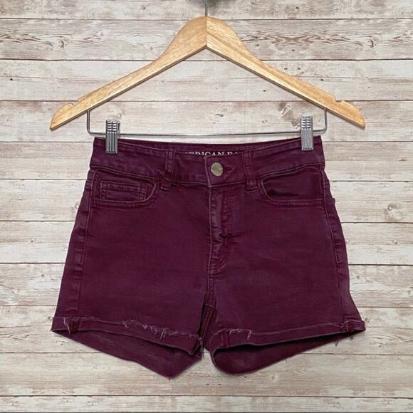 American Eagle Outfitters Hi-Rise Shortie Shorts Burgundy Denim Preppy Size 0 - Picture 10 of 10